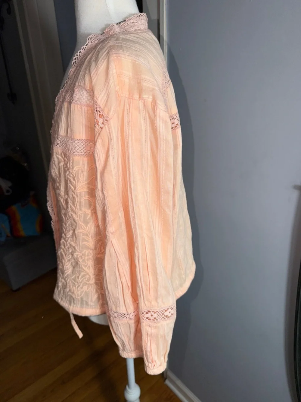 Free People Peach Lace-Trim Tie-Front Crop Top